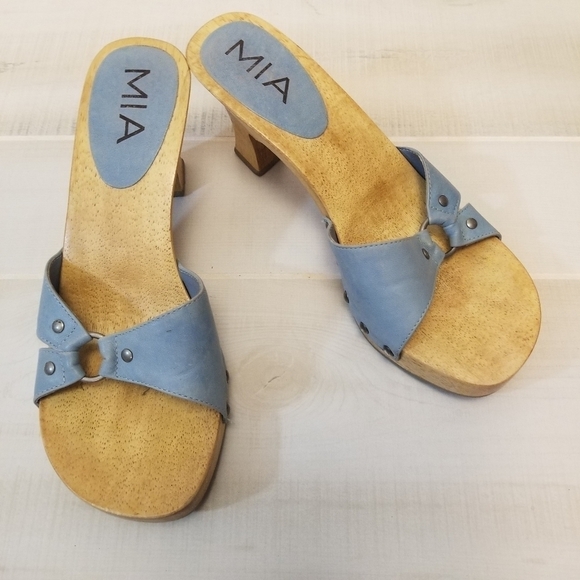 {7} MIA Y2K Retro Wooden Leather Slide On Sandals - Picture 1 of 8